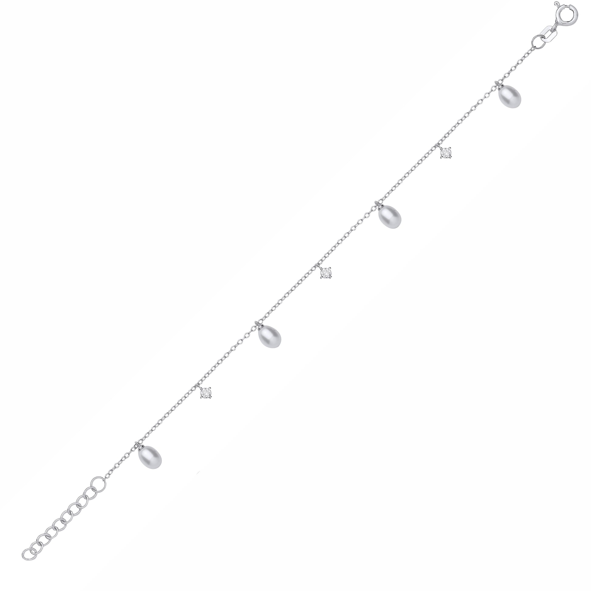 Silver  Pear Pearl & CZ Lil n Large Moons n Stars Station Bracelet - GVB630
