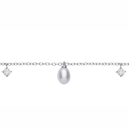 Silver  CZ & White Rice Shape Fresh Water Pearl 4.5-5mm Bracelet - GVB630