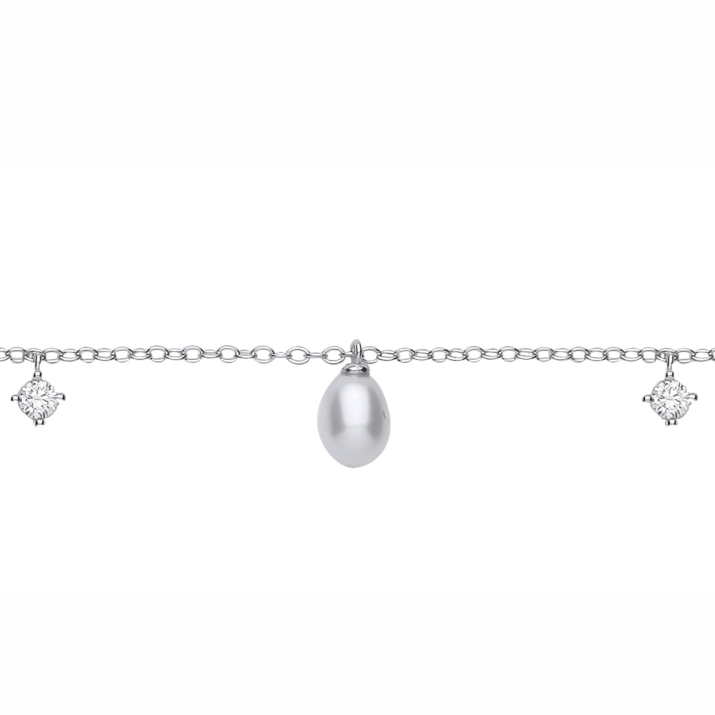 Silver  Pear Pearl & CZ Lil n Large Moons n Stars Station Bracelet - GVB630