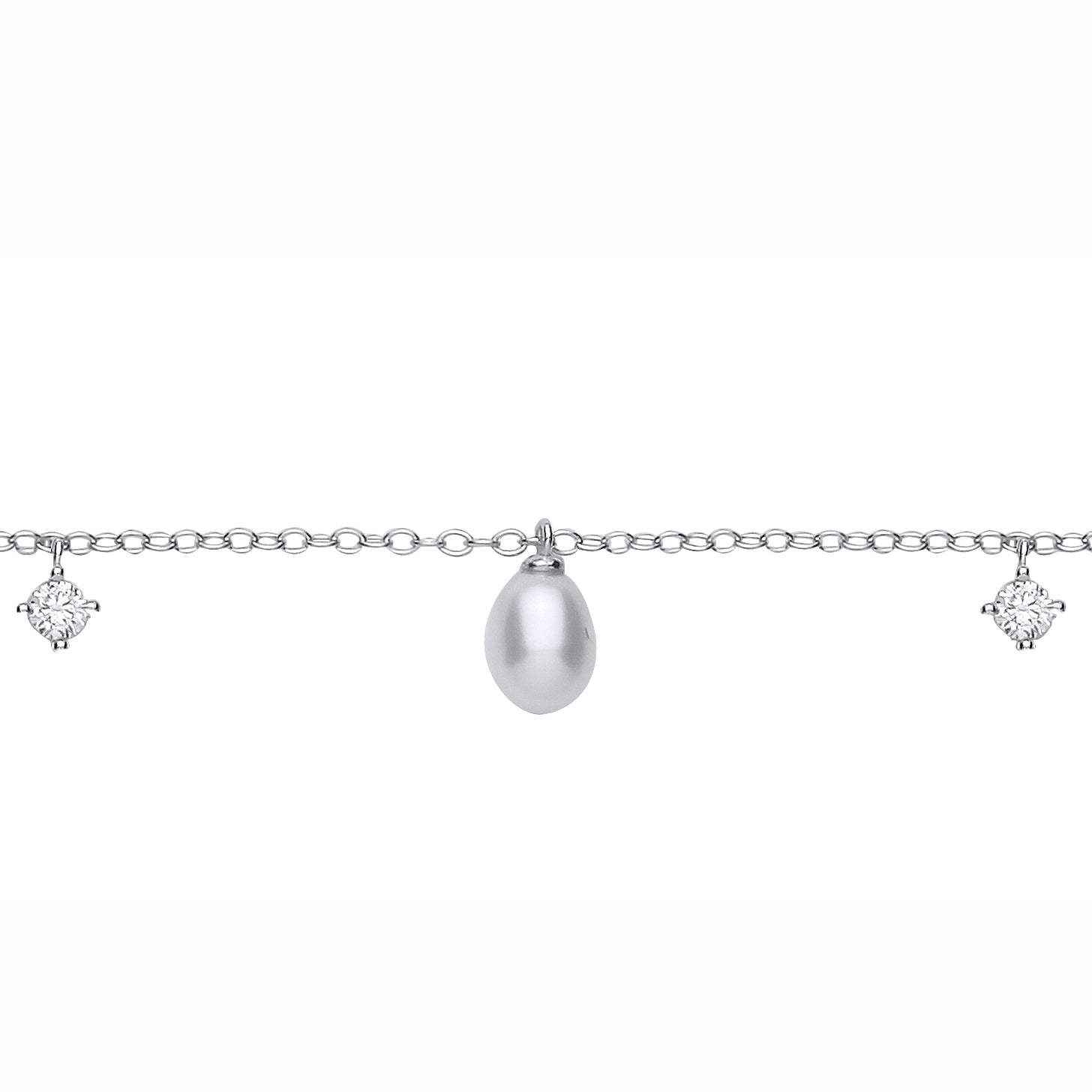 Silver  Pear Pearl & CZ Lil n Large Moons n Stars Station Bracelet - GVB630