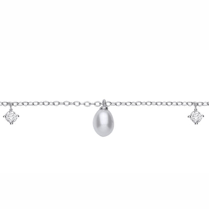 Silver  Pear Pearl & CZ Lil n Large Moons n Stars Station Bracelet - GVB630