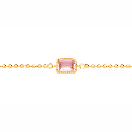 Gold-plated Silver  Pink CZ Beaded Pink Pool Oblong Charm Bracelet - GVB631