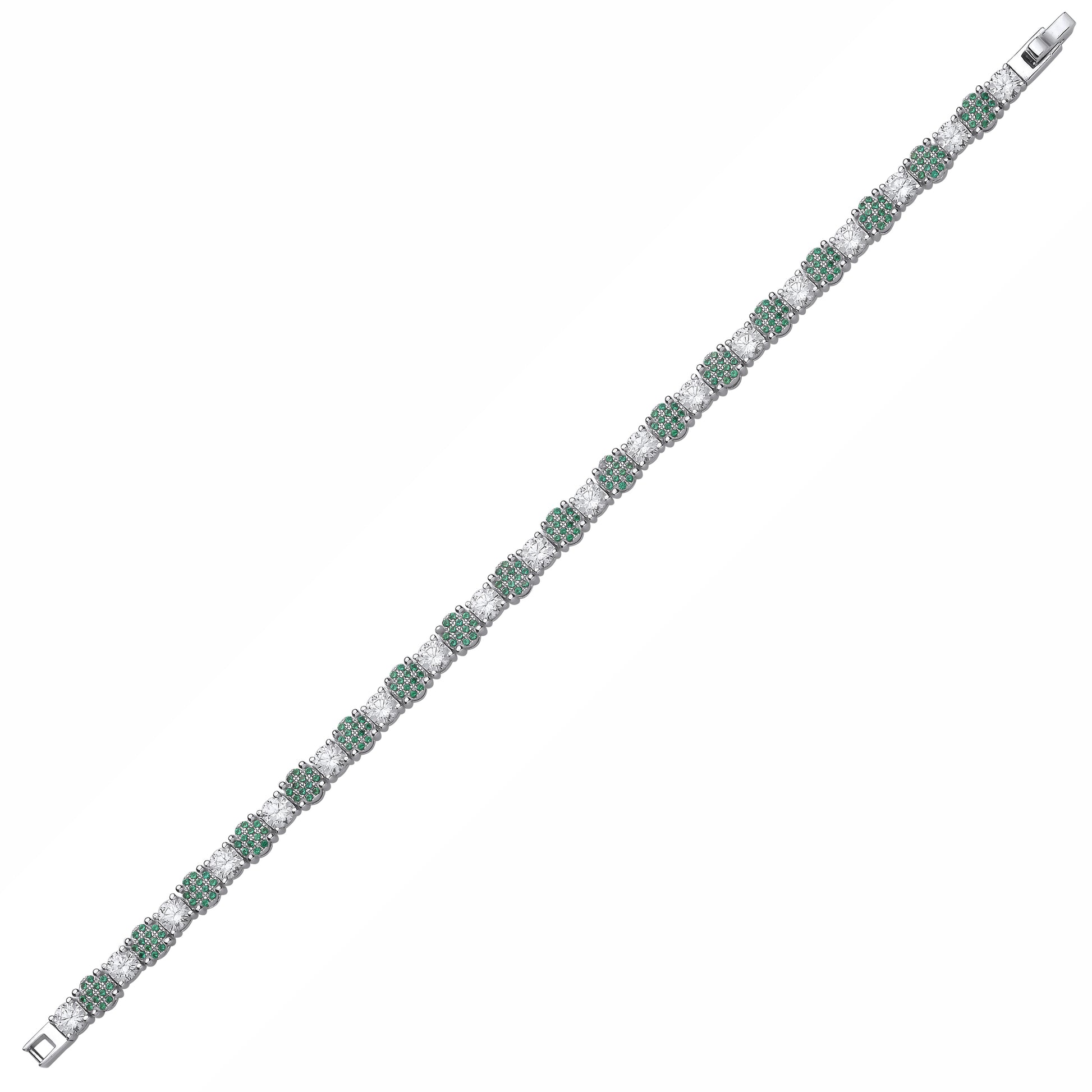 Silver  Green CZ Alternating Pave Cluster Tennis Bracelet - GVB634