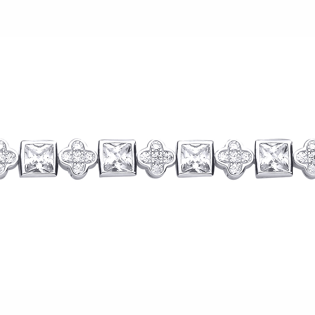 Sterling Silver  CZ Rubover Princess Cut & Clover Tennis Bracelet - GVB636