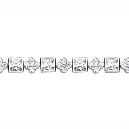 Sterling Silver  CZ Rubover Princess Cut & Clover Tennis Bracelet - GVB636