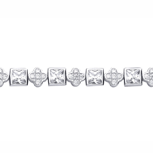 Sterling Silver  CZ Rubover Princess Cut & Clover Tennis Bracelet - GVB636