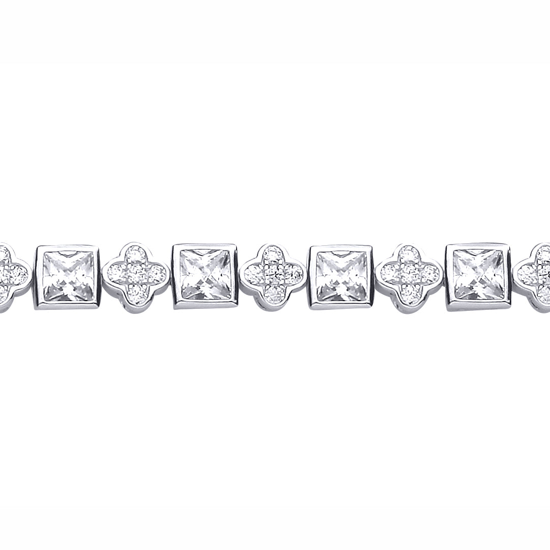 Silver  Princess CZ Square Clover Mixed Shape Tennis Bracelet - GVB636