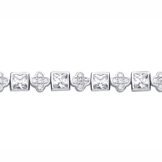 Silver  Princess CZ Square Clover Mixed Shape Tennis Bracelet - GVB636