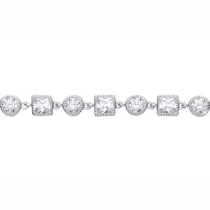 Silver  CZ Round & Square Tennis Bracelet With Milgrain Detailing - GVB637