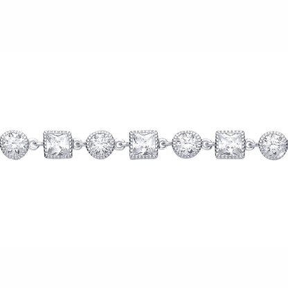 Silver  Princess CZ Beaded Edge Square Circle Tennis Bracelet - GVB637