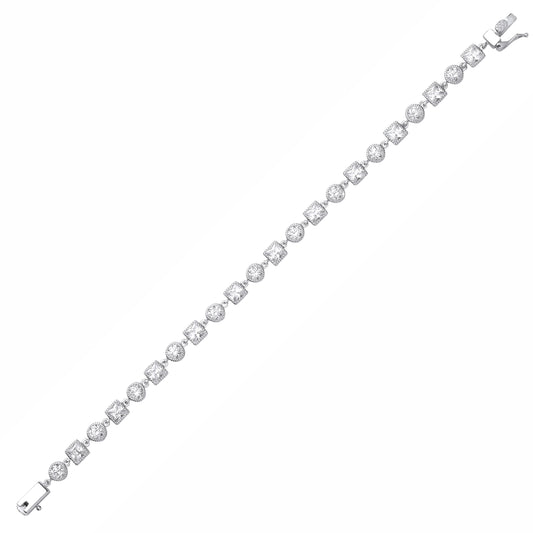 Silver  CZ Round & Square Tennis Bracelet With Milgrain Detailing - GVB637