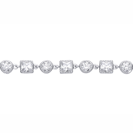 Silver  CZ Round & Square Tennis Bracelet With Milgrain Detailing - GVB637