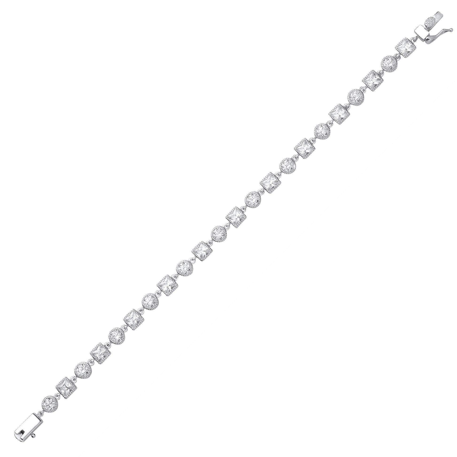 Silver  Princess CZ Beaded Edge Square Circle Tennis Bracelet - GVB637