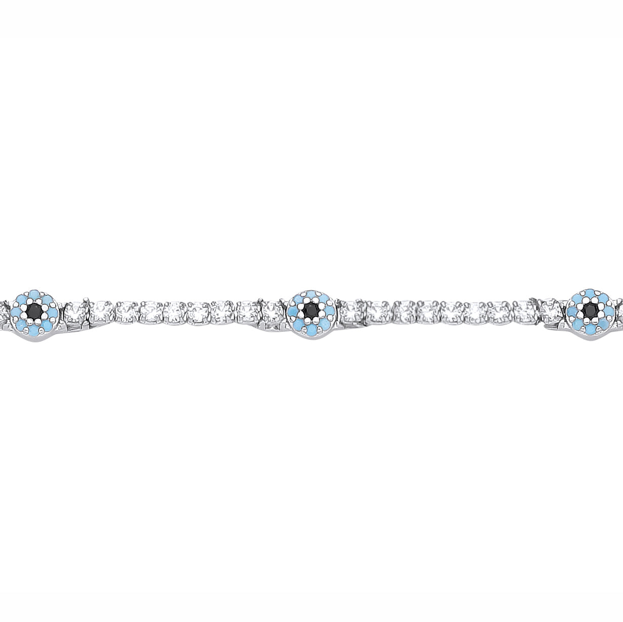 Silver  Light Blue & Black CZ Anti Evil Eye Line Tennis Bracelet - GVB639