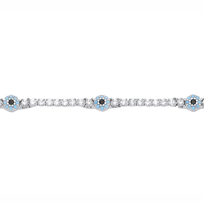 Silver  Light Blue & Black CZ Anti Evil Eye Line Tennis Bracelet - GVB639