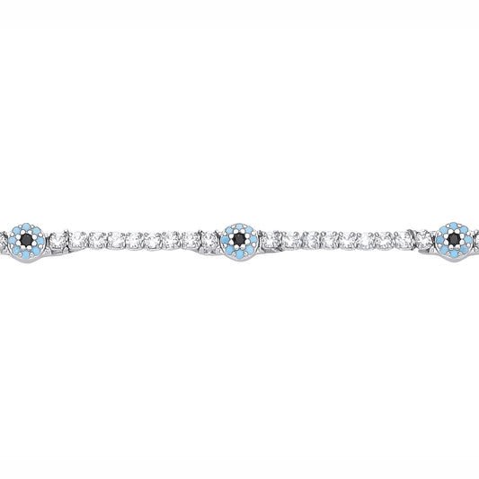 Silver  Light Blue & Black CZ Anti Evil Eye Line Tennis Bracelet - GVB639