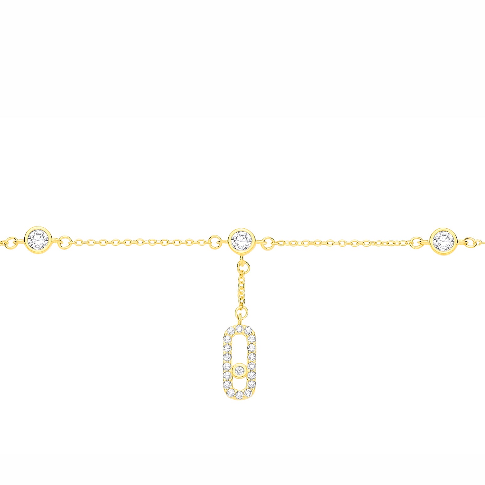 Gilded Silver  CZ Paperclip Solitaire Bezel Station Bracelet - GVB640