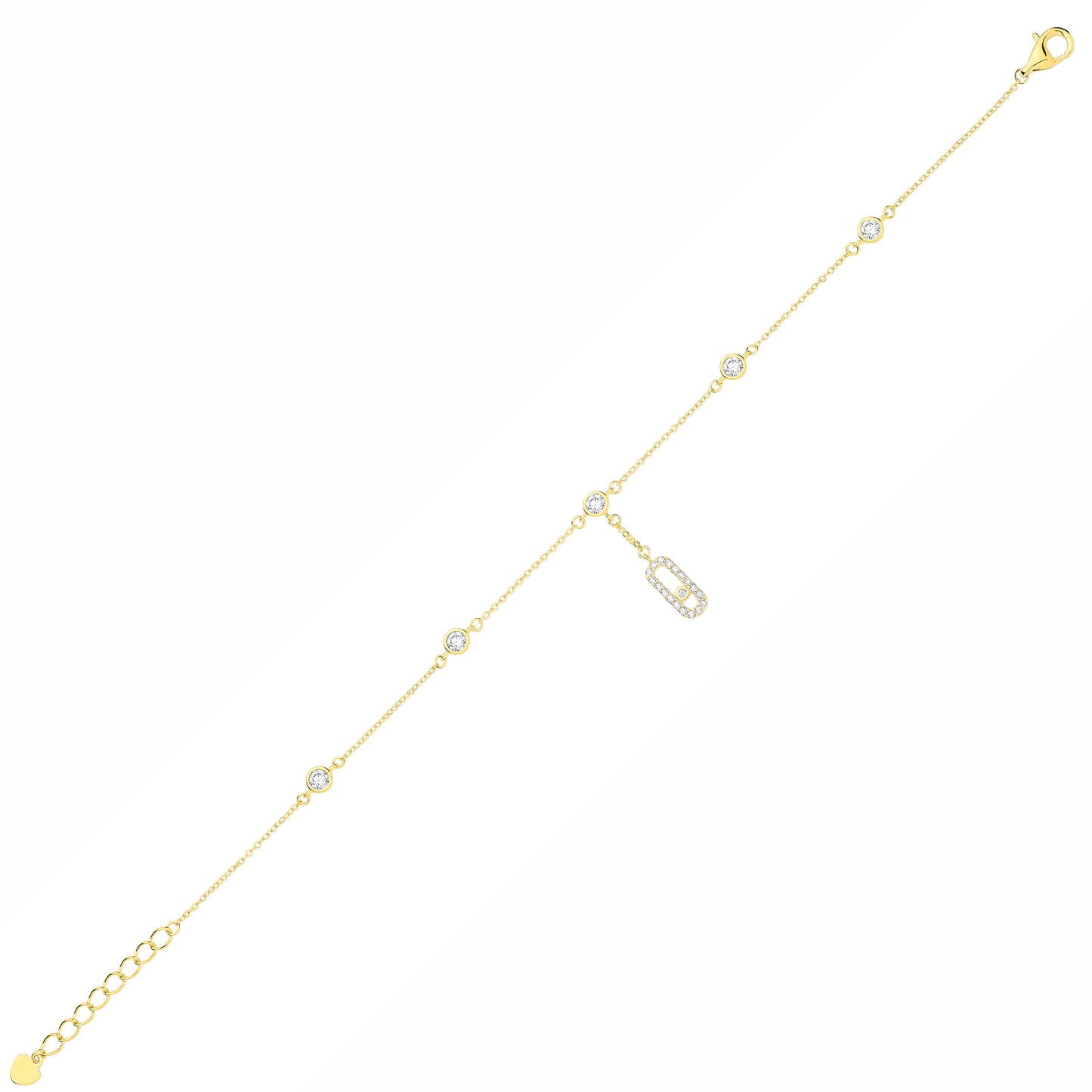Gilded Silver  CZ Paperclip Solitaire Bezel Station Bracelet - GVB640