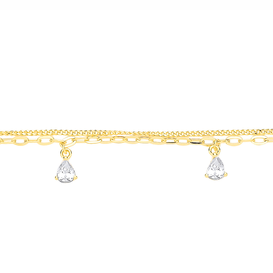 Gold-plated Silver  Pear CZ Floating Trace Curb Double Bracelet - GVB642