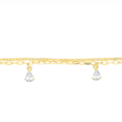 Gold-plated Silver  Pear CZ Floating Trace Curb Double Bracelet - GVB642