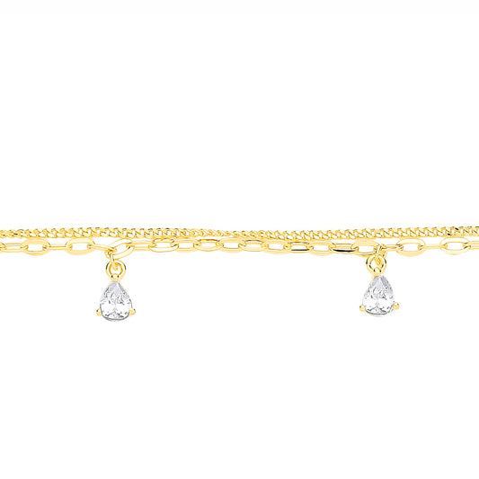 Gold-plated Silver  Pear CZ Floating Trace Curb Double Bracelet - GVB642