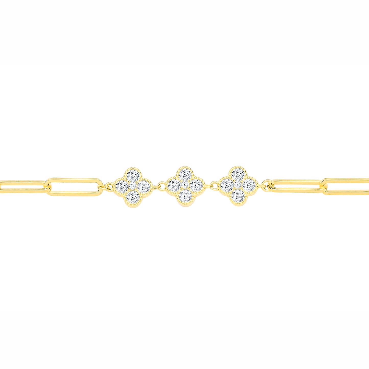 Gilded Silver  CZ Lucky Clover Cluster Paperclip Charm Bracelet - GVB643