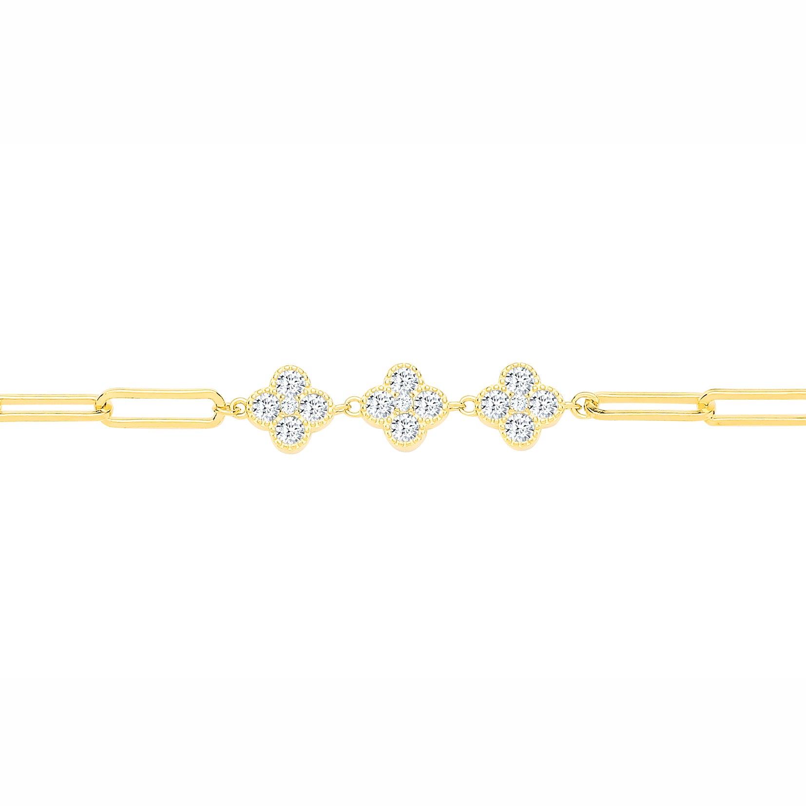 Gilded Silver  CZ Lucky Clover Cluster Paperclip Charm Bracelet - GVB643