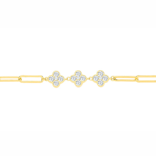Gilded Silver  CZ Lucky Clover Cluster Paperclip Charm Bracelet - GVB643