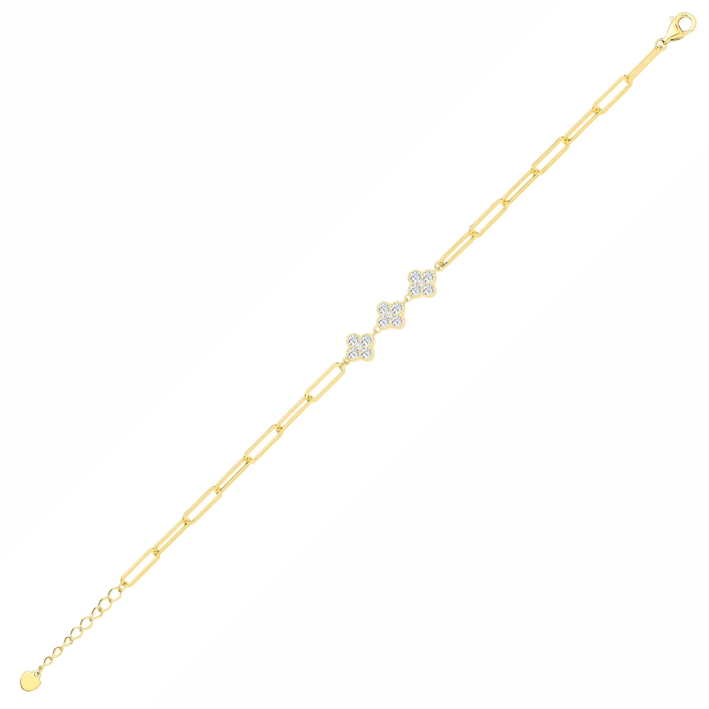 Gilded Silver  CZ Lucky Clover Cluster Paperclip Charm Bracelet - GVB643