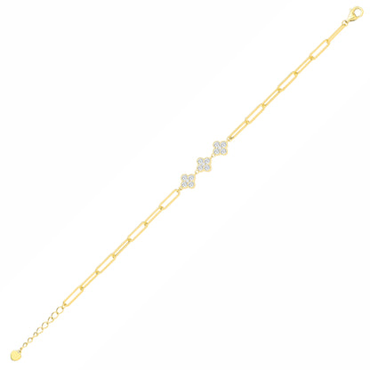 Gilded Silver  CZ Lucky Clover Cluster Paperclip Charm Bracelet - GVB643