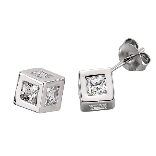 Silver  Princess Cut CZ Cube Stud Earrings - GVE013