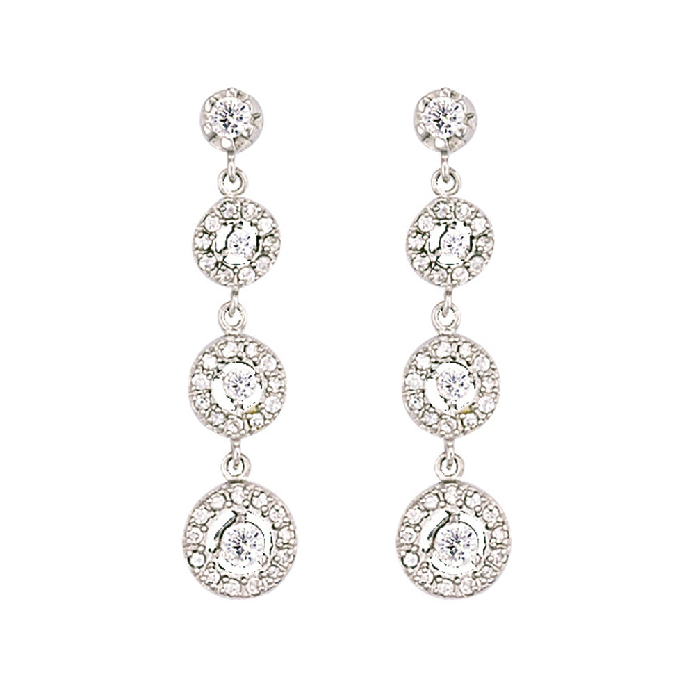 Silver  CZ Trilogy Chain Halo Drop Earrings - GVE019