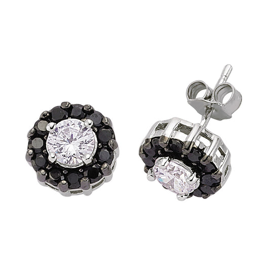 Silver  Black CZ Halo Stud Earrings - GVE027B