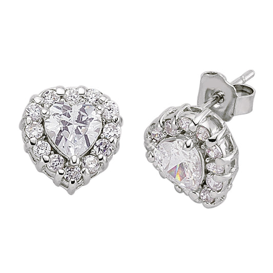 Silver  Heart CZ Halo Heart Stud Earrings - GVE028