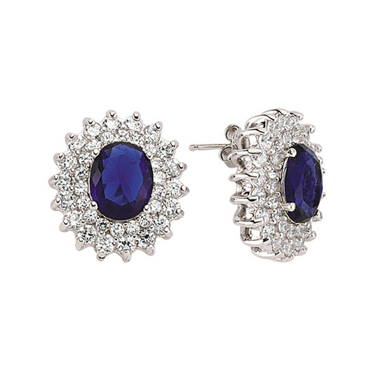 Silver  Blue Oval CZ Royal Lady Di Cluster Stud Earrings - GVE058
