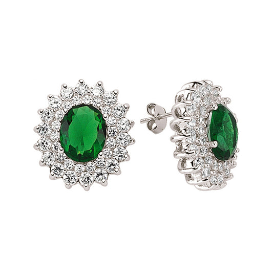 Silver  Green Oval CZ Royal Cluster Stud Earrings - GVE058EM