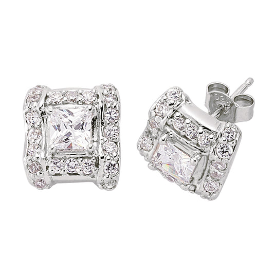 Silver  Princess Cut and CZ Halo Frame Stud Earrings - GVE060