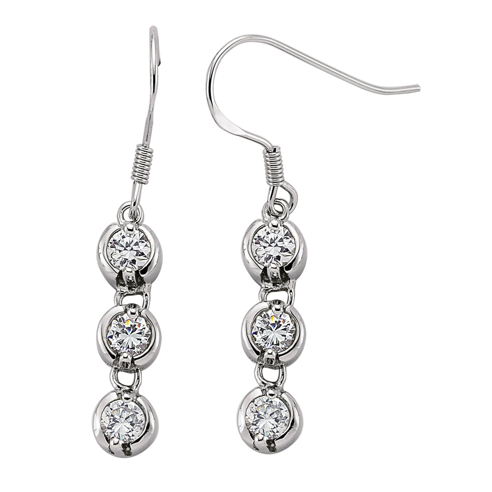 Silver  CZ Trilogy Chain Drop Drop Earrings - GVE093