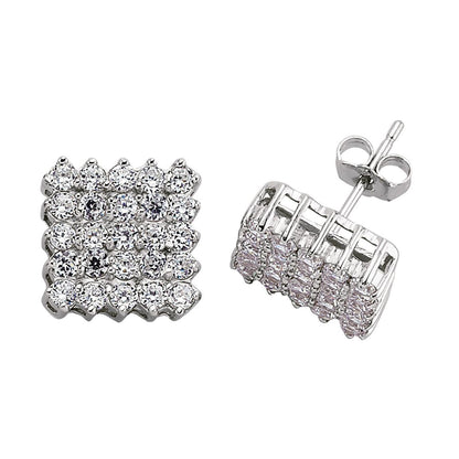 Silver  CZ Grid Cluster Stud Earrings - GVE101