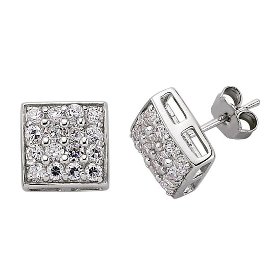 Silver CZ Grid Cluster Stud Earrings - GVE102