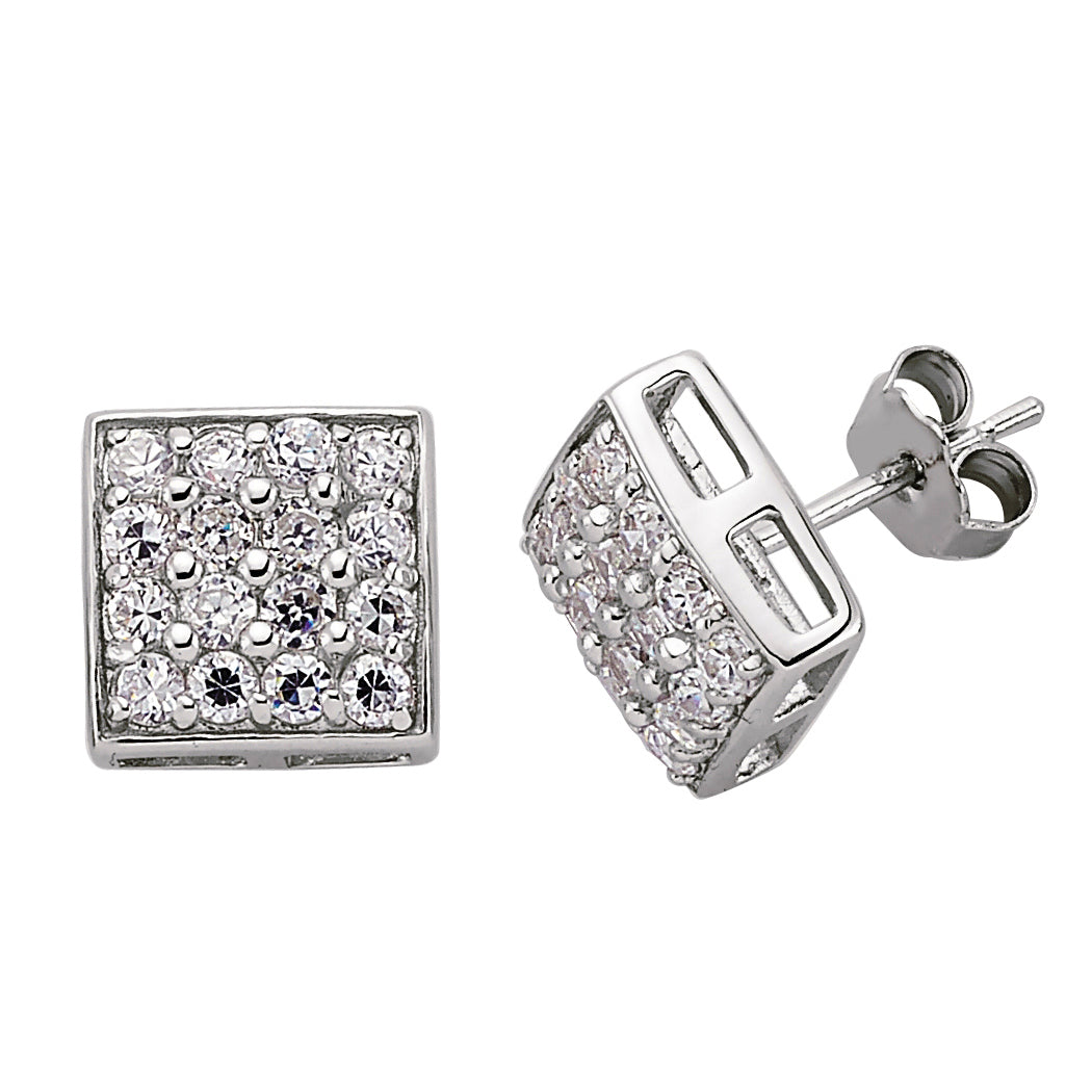 Silver  CZ Grid Cluster Stud Earrings - GVE102