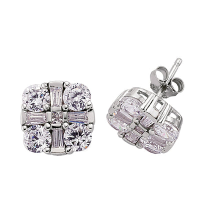 Silver  Round Brilliant and Baguette CZ Quadrilogy Stud Earrings - GVE105