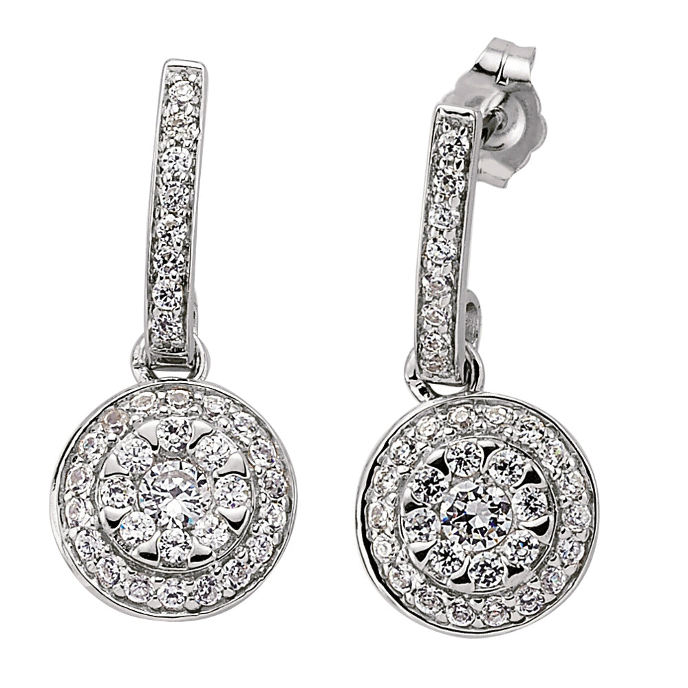 Silver  CZ Halo Drop Earrings - GVE171