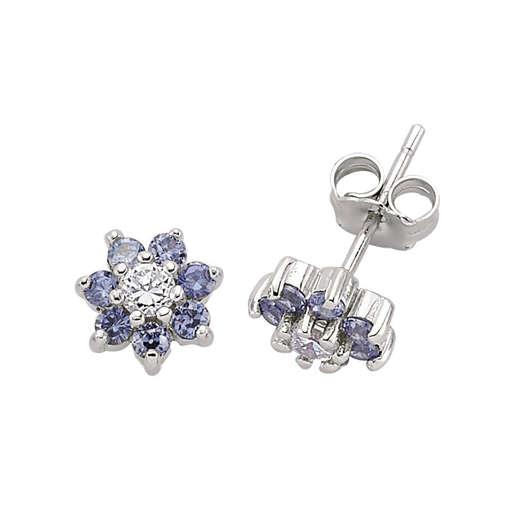 Silver  Blue CZ Flower Cluster Stud Earrings - GVE175