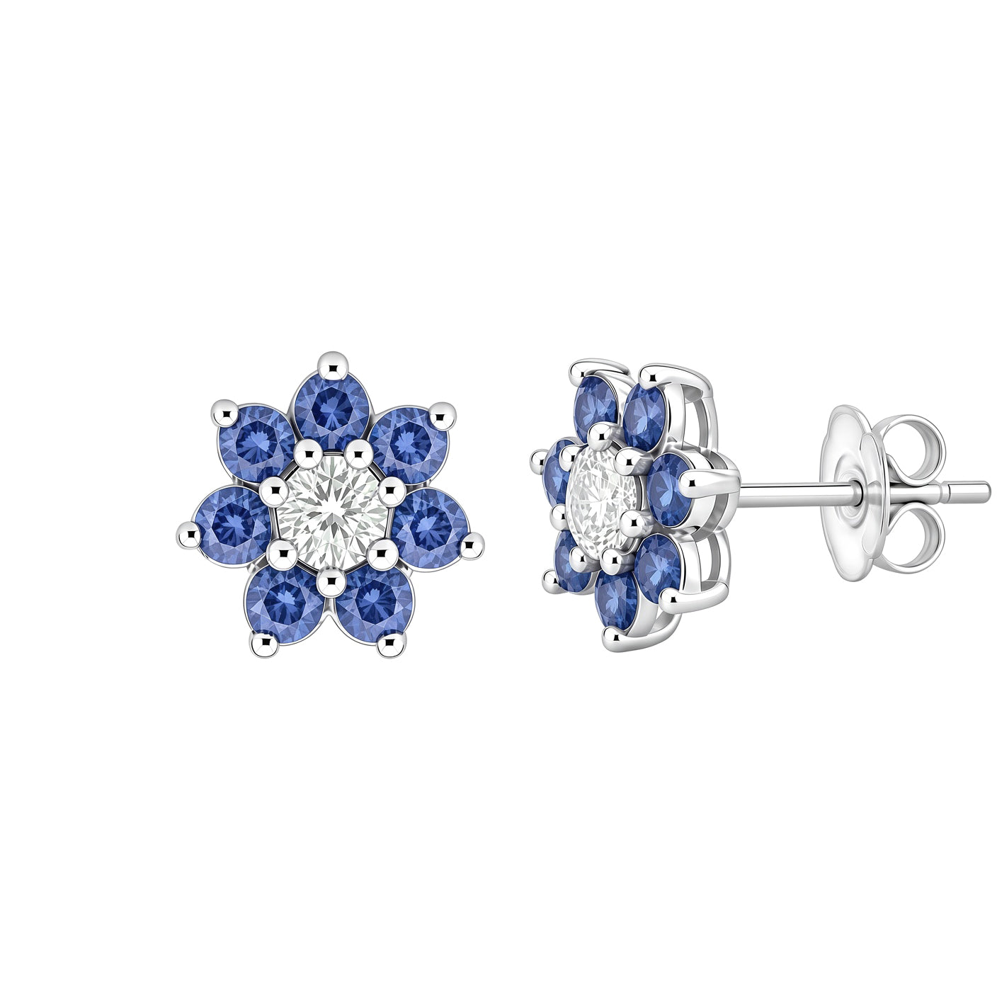 Silver  Blue CZ Flower Cluster Stud Earrings - GVE175