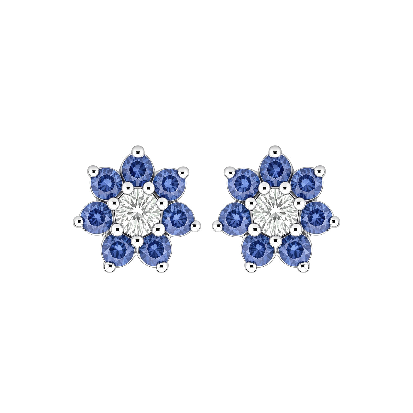 Silver  Blue CZ Flower Cluster Stud Earrings - GVE175