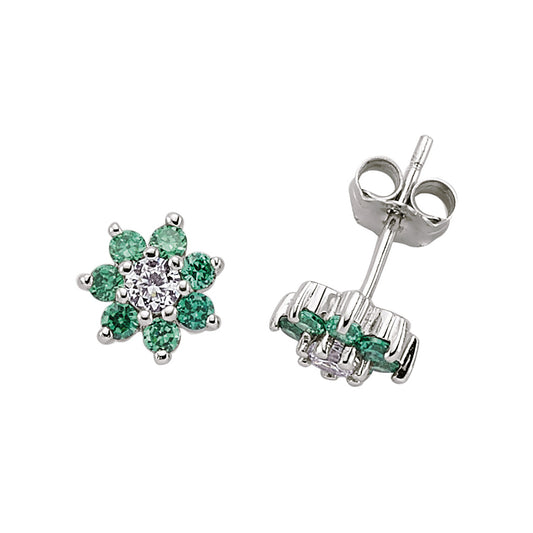 Silver  Green CZ Flower Cluster Stud Earrings - GVE176