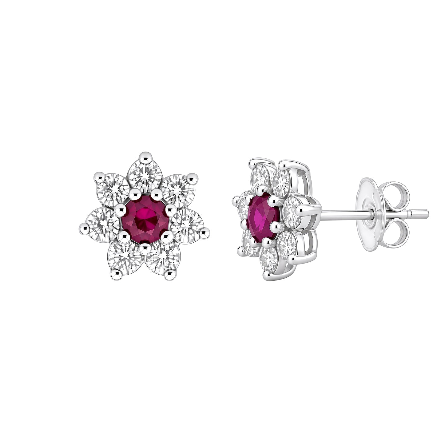 Silver  Red CZ Flower Cluster Stud Earrings - GVE177A