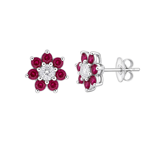 Silver  Pink CZ Flower Cluster Stud Earrings - GVE177