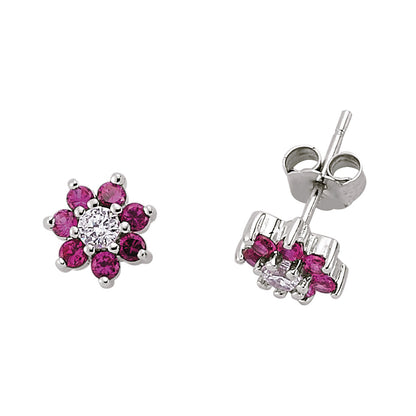 Silver  Pink CZ Flower Cluster Stud Earrings - GVE177